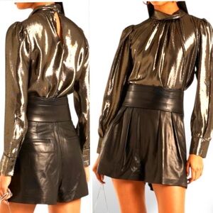 A.L.C. Lydia Blouse Silk Metallic Liquid Mock Neck In Black & Gold Size 2